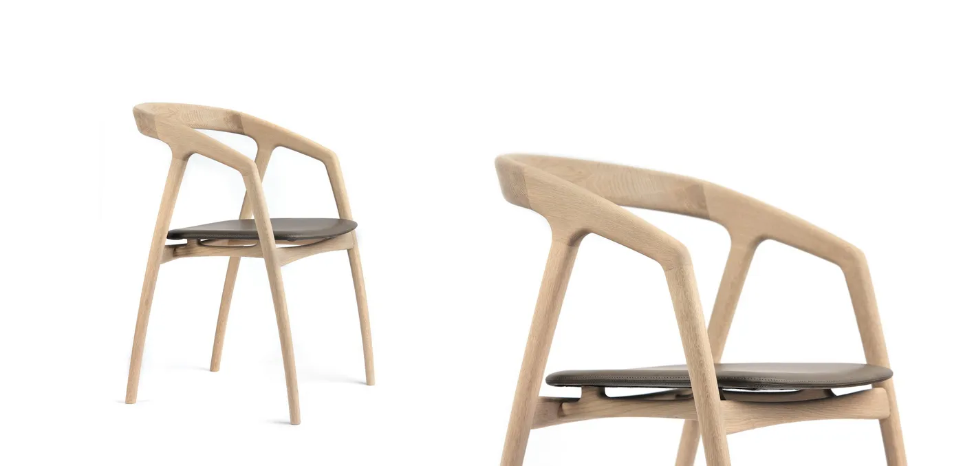 Detaljna fotografija dizajnerske drvene stolice za promociju i katalog nameštaja