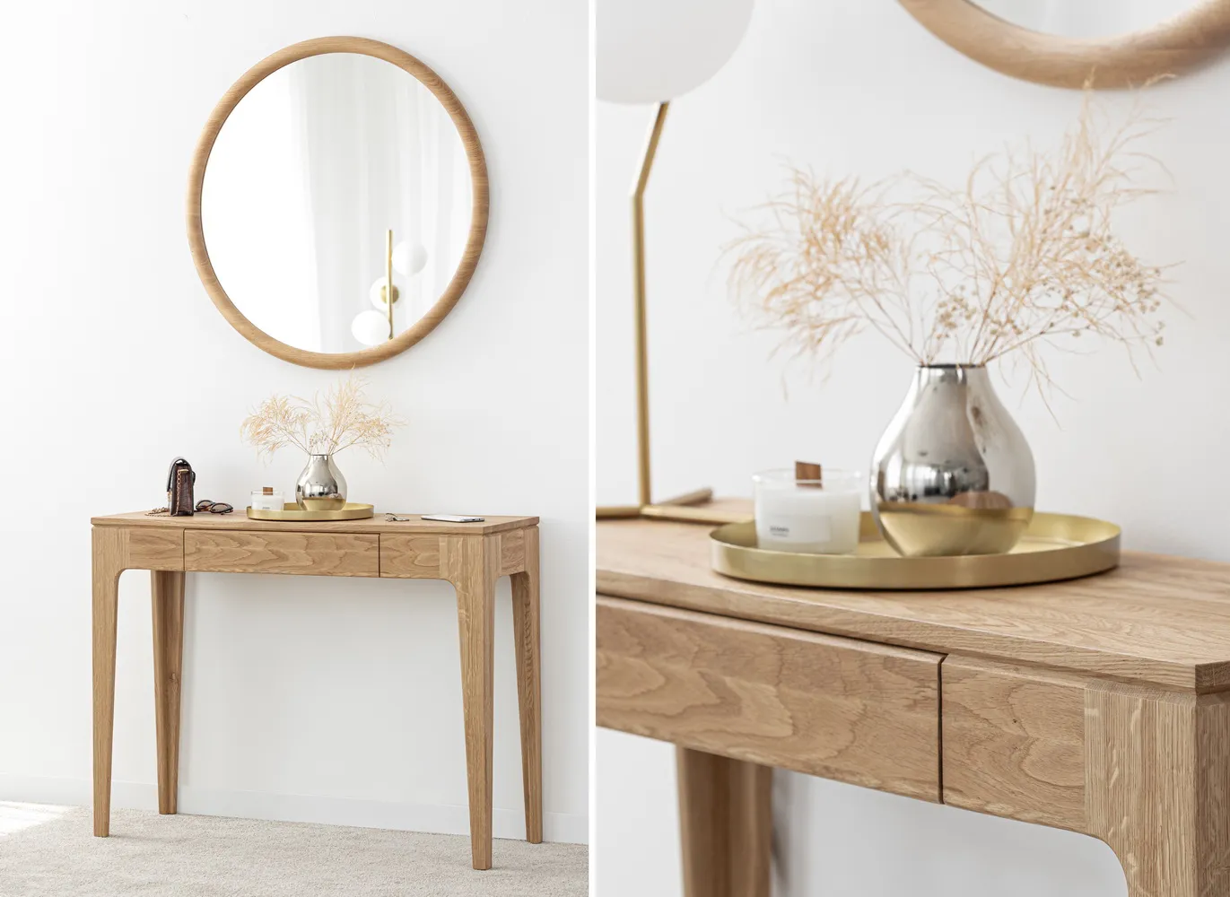 Profesionalna fotografija drvenog konzolnog stola sa ogledalom i drvene komode za katalog nameštaja