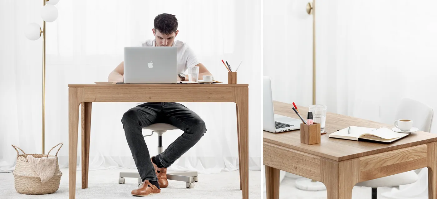 Profesionalna fotografija drvenog radnog stola u modernom enterijeru za katalog nameštaja